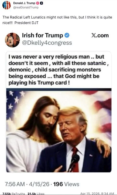 Donald Trump AI Jesus — Meme of Trump in Jesus robes standing in an operating room with caption 'No, I work here.'