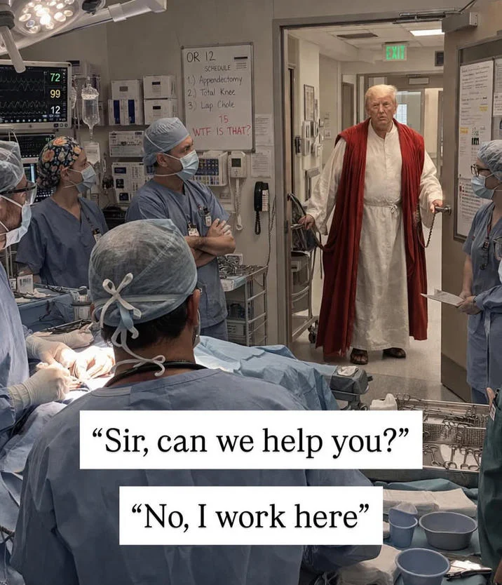 Donald Trump AI Jesus — Tweet with AI-generated image of Jesus distributing baskets, captioned as a Red Cross worker handing out snacks after blood donation.