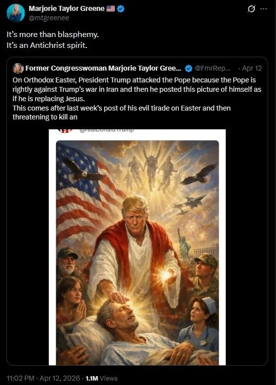 Donald Trump AI Jesus — Trump Truth Social repost featuring AI image of Jesus embracing Donald Trump at a podium.