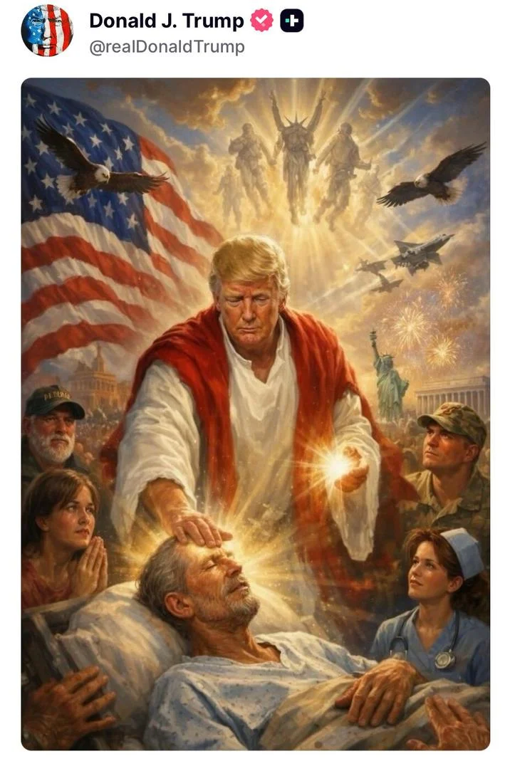 Donald Trump AI Jesus — Marjorie Taylor Greene tweet calling Trump's AI Jesus image blasphemy and an Antichrist spirit.