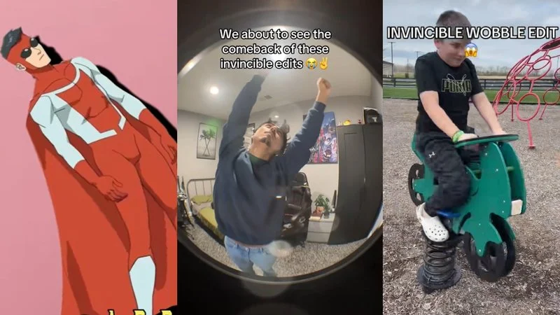 Invincible Wobbly Animation — Three-panel collage of Invincible animation, TikTok creator, and person on spring rocking horse mimicking wobble edit